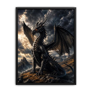 Majestic black dragon in stormy landscape