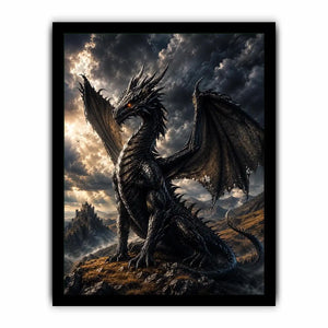 Majestic black dragon in stormy landscape