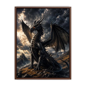 Majestic black dragon in stormy landscape