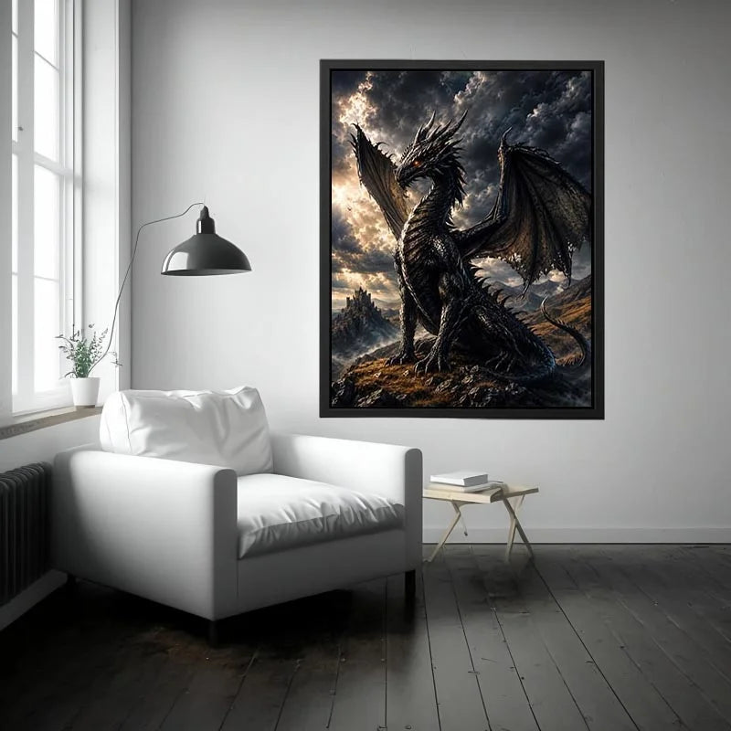 Majestic black dragon in stormy landscape