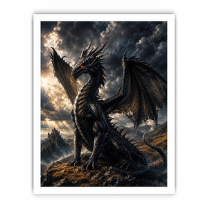 Majestic black dragon in stormy landscape