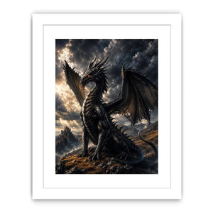 Majestic black dragon in stormy landscape