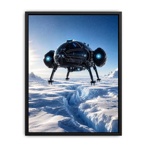 Futuristic craft over icy alien landscape