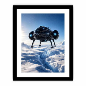 Futuristic craft over icy alien landscape