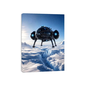Futuristic craft over icy alien landscape