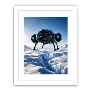 Futuristic craft over icy alien landscape