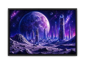 Futuristic city under a glowing alien moon