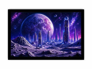Futuristic city under a glowing alien moon
