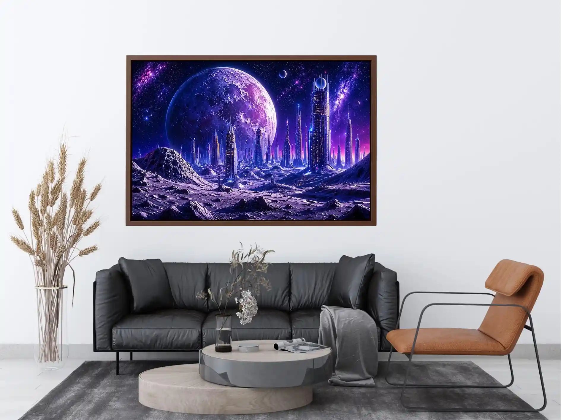 Futuristic city under a glowing alien moon