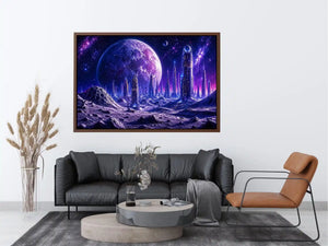 Futuristic city under a glowing alien moon