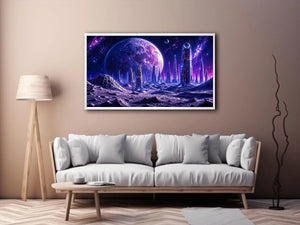 Futuristic city under a glowing alien moon