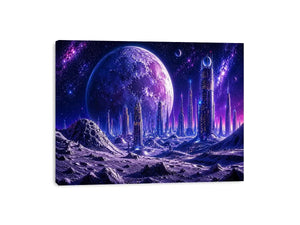 Futuristic city under a glowing alien moon