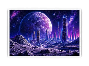 Futuristic city under a glowing alien moon
