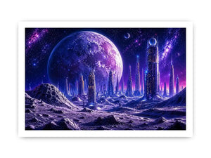 Futuristic city under a glowing alien moon