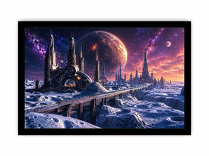Frozen alien city under starry skies