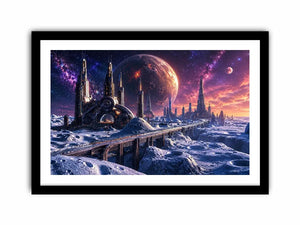 Frozen alien city under starry skies