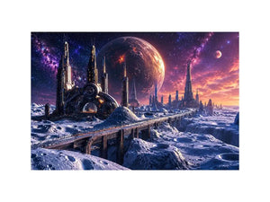 Frozen alien city under starry skies