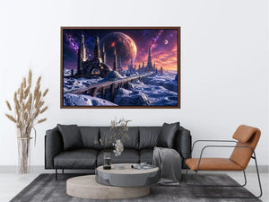 Frozen alien city under starry skies