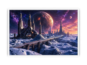 Frozen alien city under starry skies
