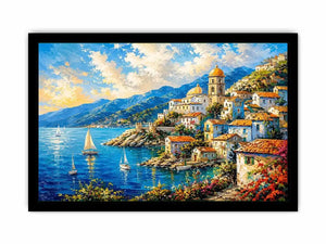 Coastal village under a vivid sky
