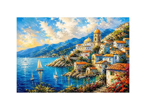 Coastal village under a vivid sky