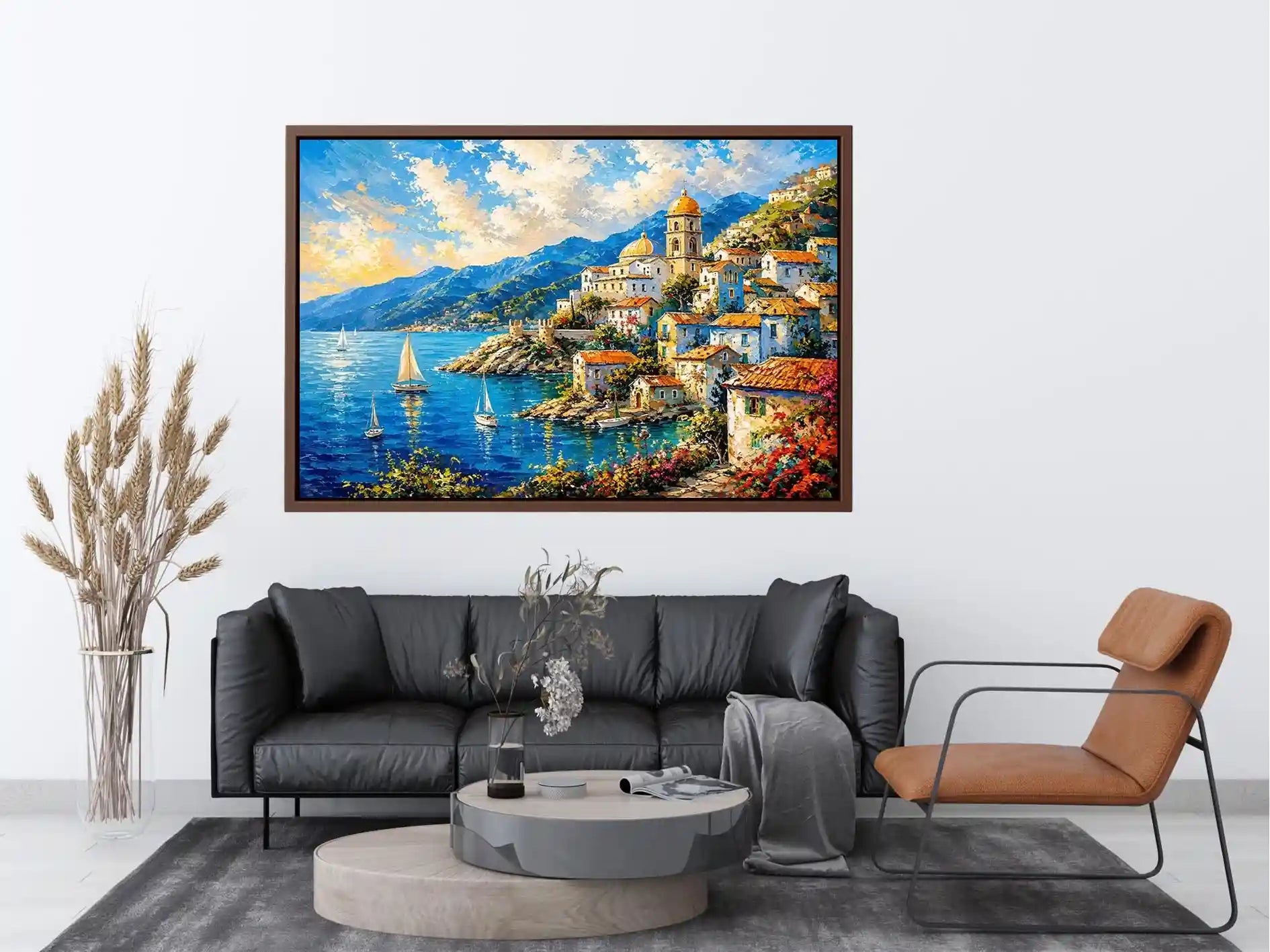 Coastal village under a vivid sky