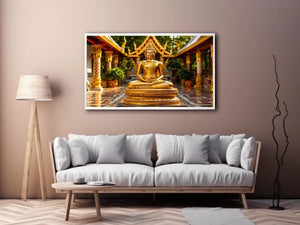 Golden Buddha in ornate temple setting