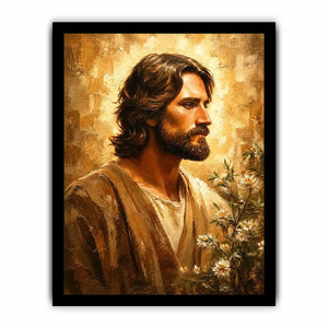 Golden haloed profile with olive branches