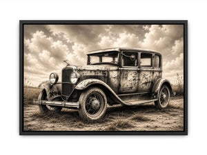 Vintage sedan in rural countryside scene