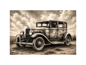 Vintage sedan in rural countryside scene