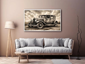 Vintage sedan in rural countryside scene