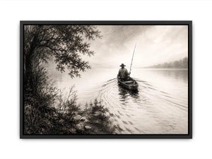 Misty lake with solitary fisherman