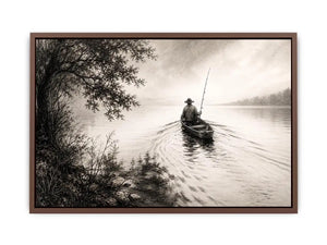 Misty lake with solitary fisherman