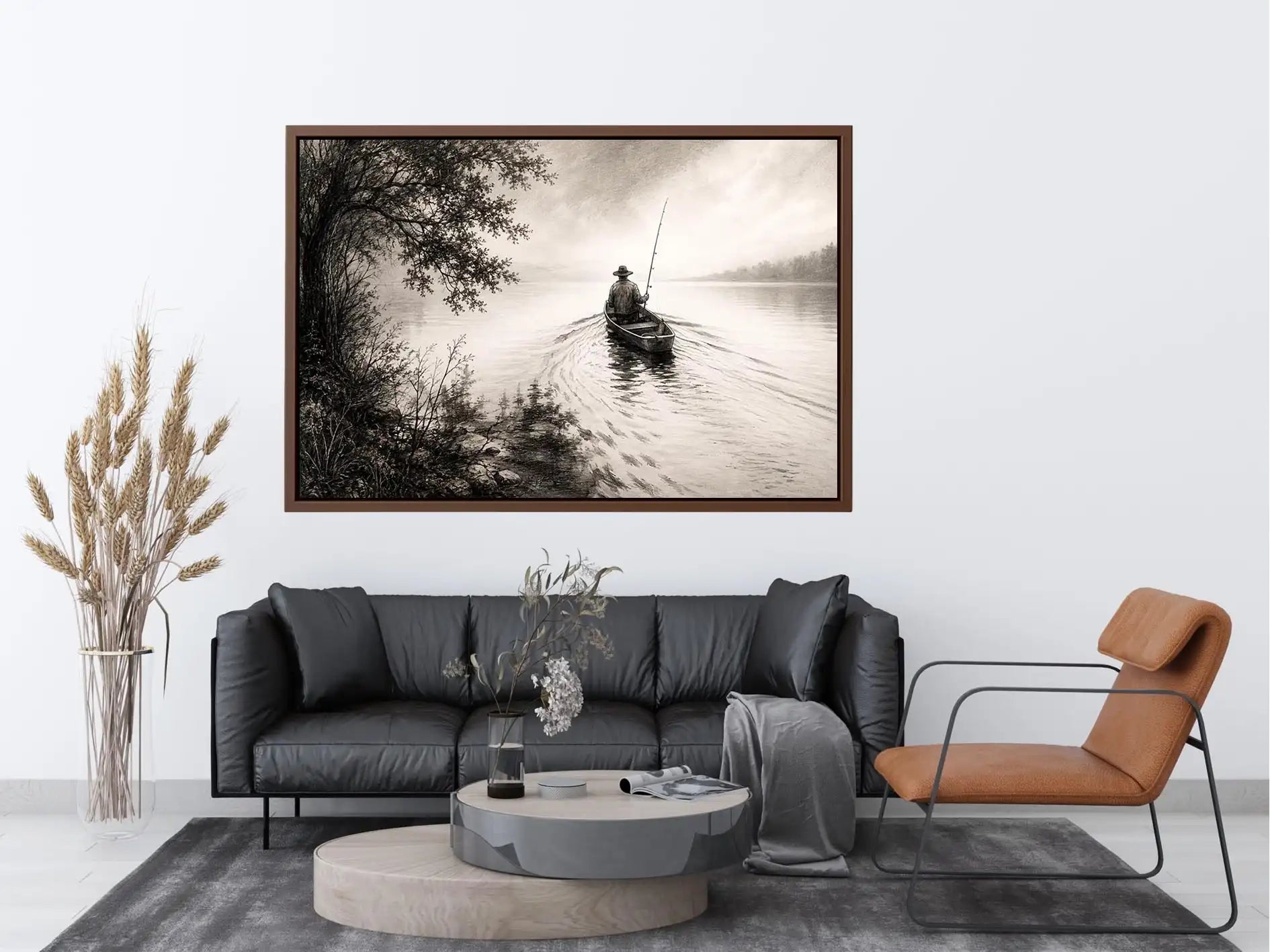 Misty lake with solitary fisherman