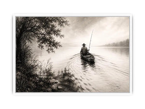 Misty lake with solitary fisherman