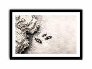 Serene coastal boats and cliffs