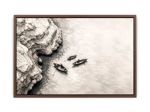 Serene coastal boats and cliffs