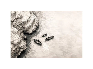 Serene coastal boats and cliffs