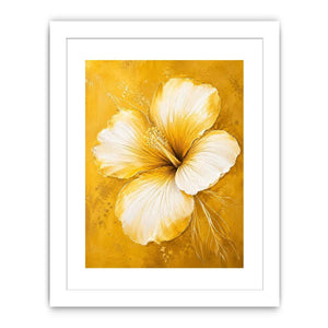Golden hibiscus blossom on textured gold background