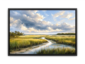 Serene marshland under stormy skies