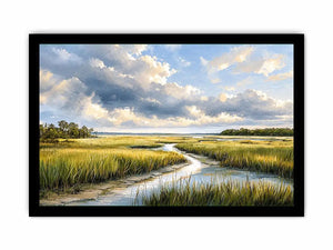Serene marshland under stormy skies