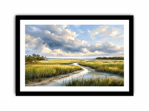 Serene marshland under stormy skies