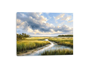 Serene marshland under stormy skies