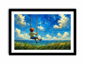 Child on swing overlooking the sea