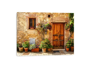 Rustic European cottage with blooming flowers