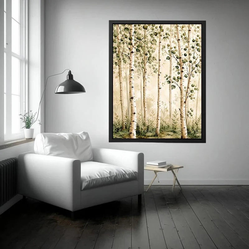 Misty birch grove in soft watercolor