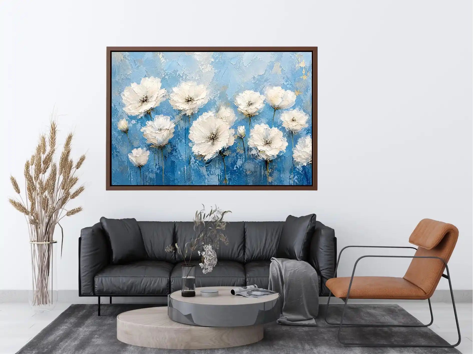 Elegant floral blooms on blue canvas