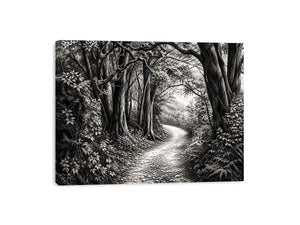 Misty forest path in grayscale