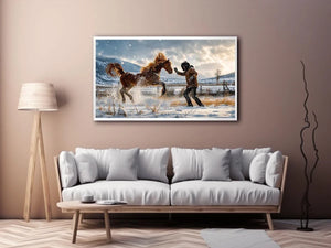 Rearing horse in a snowy field