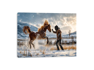 Rearing horse in a snowy field